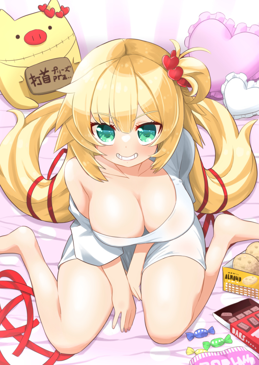 1girl akai_haato aqua_eyes blonde_hair breasts candy chocolate cleavage cookie food grin haaton_(akai_haato) heart heart_pillow highres hololive large_breasts long_hair naked_shirt odango_(shiladango) off-shoulder_shirt off_shoulder on_bed pillow shirt side_ponytail sitting smile solo twintails very_long_hair virtual_youtuber white_shirt