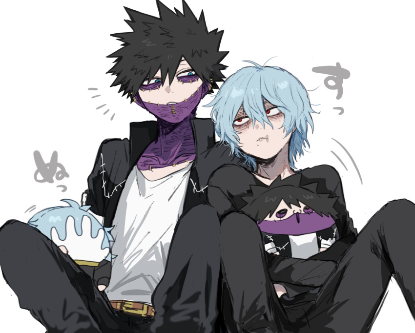 2boys ametaro_(ixxxzu) black_hair black_jacket blue_eyes blue_hair boku_no_hero_academia burn_scar character_doll cheek_piercing dabi_(boku_no_hero_academia) ear_piercing highres jacket knees_up light_blue_hair male_focus multiple_boys multiple_piercings multiple_scars piercing red_eyes scar scar_on_face scar_on_hand scar_on_mouth scar_on_neck shigaraki_tomura shirt short_hair simple_background sitting spiked_hair staple stapled stitches white_background white_shirt wrinkled_skin