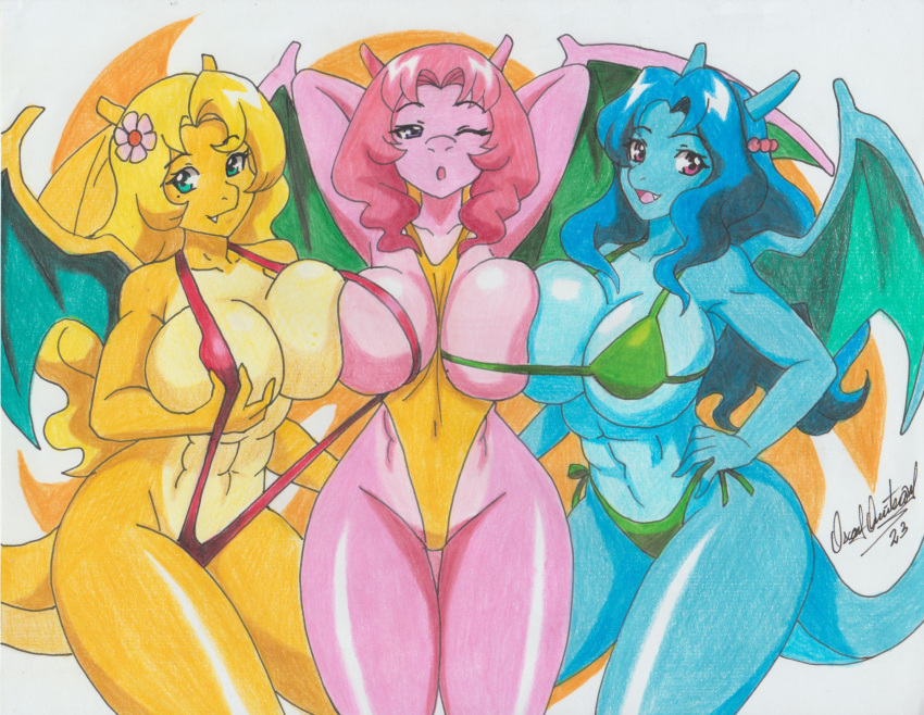 abs absurd_res accessory anthro big_breasts bikini breasts charizard clothing curvy_figure daisy_(pokemon) female flower flower_in_hair generation_1_pokemon group hair hair_accessory hands_behind_head hi_res hourglass_figure lily_(pokemon) nintendo one_eye_closed pinup plant pokemon pokemon_(species) pose ravernclouk sling_bikini swimwear trio violet_(pokemon) wink