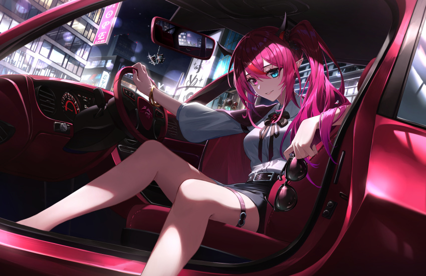 1girl black_skirt blue_eyes bow bowtie bracelet city dice eyewear_removed hair_between_eyes heterochromia high_ponytail highres holding holding_removed_eyewear hololive hololive_english horns interior irys_(hololive) jacket jacket_on_shoulders jewelry long_hair looking_at_viewer motor_vehicle night night_sky pink_eyes pink_hair pointy_ears rear-view_mirror shirt sidelighting sitting skirt sky smile solo star-ring sunglasses thigh_strap very_long_hair virtual_youtuber white_shirt