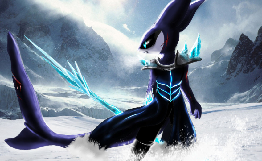 anthro armor blue_eyes fish hi_res hybrid ice lance_(weapon) male marine melee_weapon mountain polearm scar shark shark_tail sharp_teeth snow solo teeth weapon