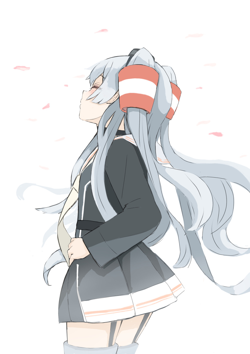 1girl absurdres amatsukaze_(kancolle) amatsukaze_kai_ni_(kancolle) black_dress closed_eyes cowboy_shot dress from_behind garter_straps grey_hair hair_tubes highres kantai_collection long_hair sailor_collar short_dress simple_background smokestack_hair_ornament solo thighhighs toplow two_side_up white_background white_sailor_collar