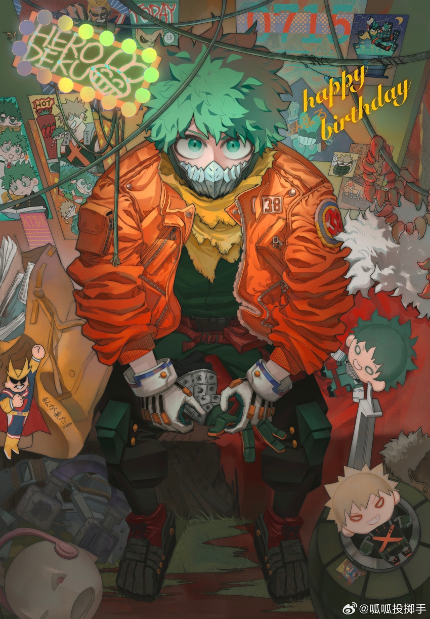 1boy 2nd_popularity_poll_(boku_no_hero_academia) akira all_might animalization badge bag_removed baggy_clothes bakugou_katsuki belt belt_pouch belt_removed between_legs birthday blood bodysuit boku_no_hero_academia cable cameo cape cape_removed card character_doll character_logo character_name chinese_commentary clothes covered_mouth crate crescent doll dried_blood dynamy_(boku_no_hero_academia) eyebrows_hidden_by_hair freckles full_body fur-trimmed_cape fur_trim gloves gloves_removed grass green_bodysuit green_eyes green_gloves green_hair gua_(wanmucha) hand_between_legs happy_birthday headphones headphones_removed headwear_removed helmet helmet_removed highres holding holding_clothes holding_gloves indoors jacket jewelry jewelry_removed layered_clothes long_sleeves looking_at_viewer looking_up male_focus mask midoriya_izuku mouth_mask necklace necklace_removed neon_lights notebook official_alternate_costume open_bag open_clothes open_jacket orange_gloves orange_jacket pocket poster_(object) pouch red_belt red_cape ribbon_trim shadow sheep short_hair sign sitting snap-fit_buckle solo sparkle spoilers timestamp tooth_necklace torn_cape torn_clothes trading_card two-tone_gloves utility_belt v-shaped_eyebrows weibo_logo weibo_username white_gloves x yellow_bag yellow_cape zipper zipper_pull_tab