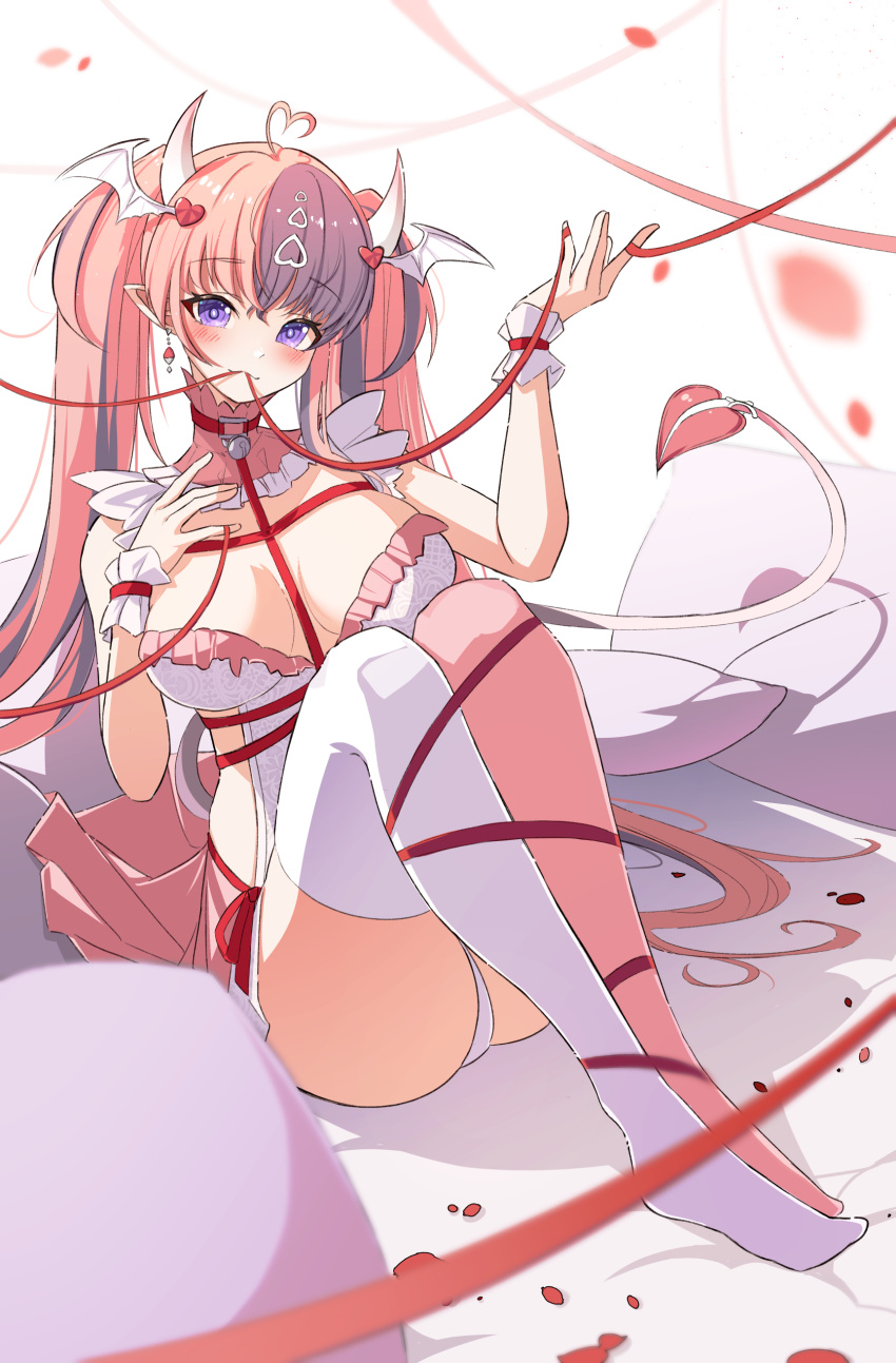 1girl absurdres ahoge asymmetrical_legwear belt blush breasts chest_belt choker cleavage demon_horns demon_tail demon_wings dress earrings hair_ornament head_wings heart heart_ahoge heart_hair_ornament highres holding holding_ribbon horns ironmouse ironmouse_(demon_form) jewelry large_breasts long_hair looking_at_viewer mouth_hold multicolored_hair o-ring o-ring_choker pink_belt pink_choker pink_hair pink_ribbon pink_skirt pink_thighhighs pointy_ears purple_eyes purple_hair remirii ribbon ribbon_in_mouth single_earring skirt smile solo streaked_hair tail thighhighs twintails virtual_youtuber vshojo white_dress white_thighhighs white_wrist_cuffs wings wrist_cuffs