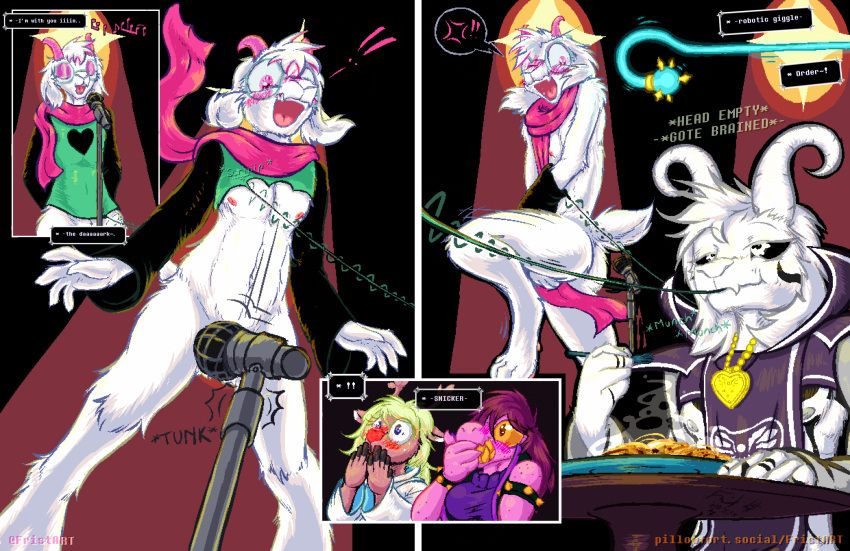 aged_up angry animal_genitalia asriel_dreemurr assisted_exposure blush boss_monster bovid caprine clothing clothing_destruction comic convenient_censorship covering covering_crotch deltarune eating_clothing embarrassed enm exposed eyewear food frist44 genitals glasses goat hi_res locket mammal microphone microphone_stand naked_in_front_of_girls navel nipples noelle_holiday nude offscreen_character pasta public public_nudity ralsei robe scarf sheath singing spaghetti surprise susie_(deltarune) undertale undertale_(series) unravelling_clothing unravelling_thread vaudeville_cane whip