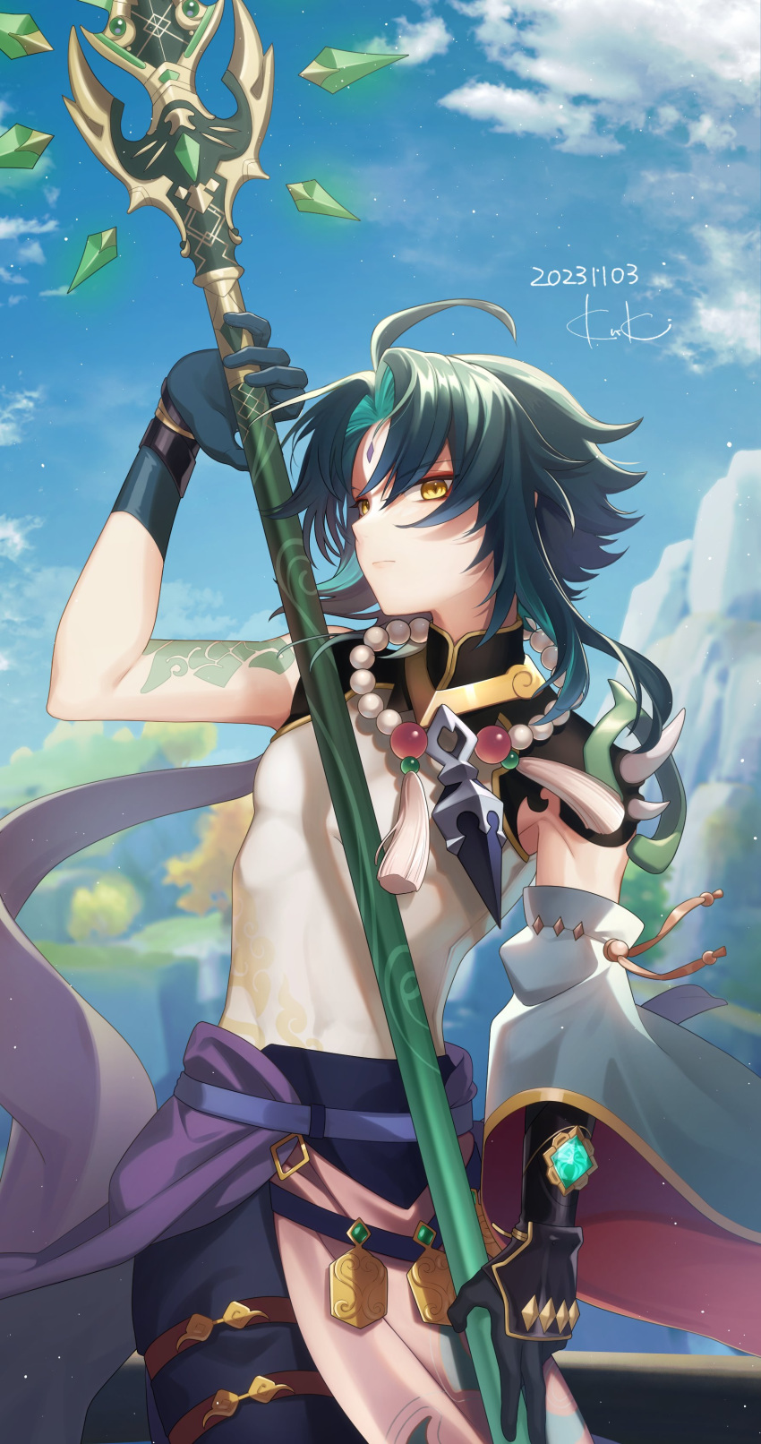 absurdres arm_tattoo armor black_hair black_pants detached_sleeves genshin_impact gloves highres holding holding_staff jewelry necklace pants shirt short_hair shoulder_armor signature sk_tsu96 sleeveless sleeveless_shirt staff tattoo xiao_(genshin_impact) yellow_eyes