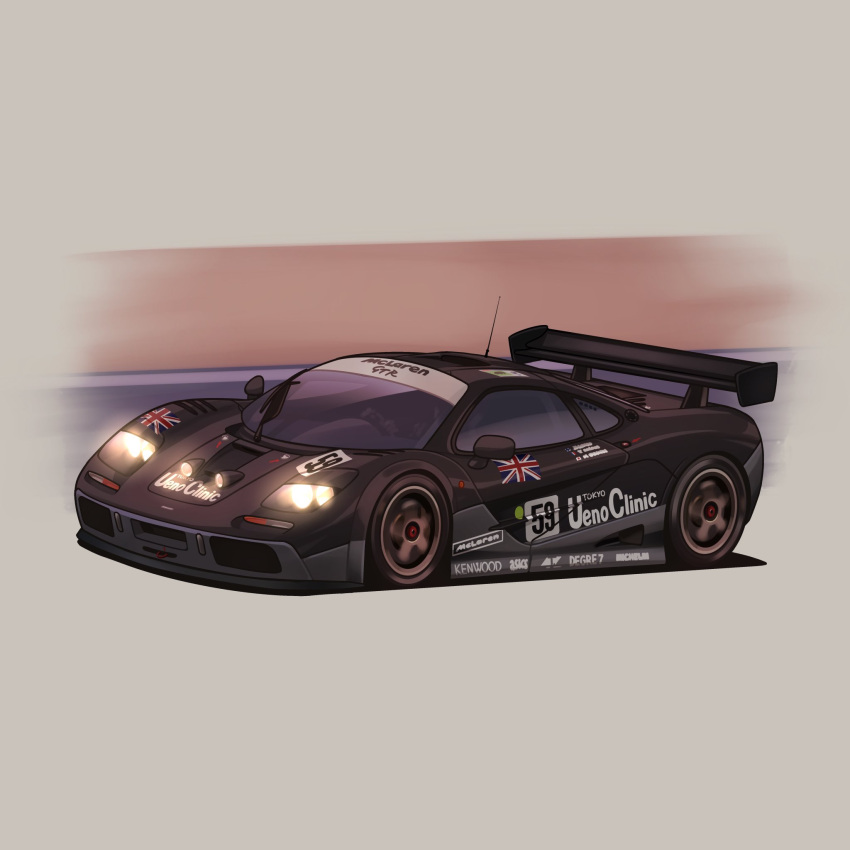 arhentol car from_side highres mclaren mclaren_f1 motion_blur motor_vehicle no_humans original race_vehicle racecar shadow spoiler_(automobile) union_jack vehicle_focus