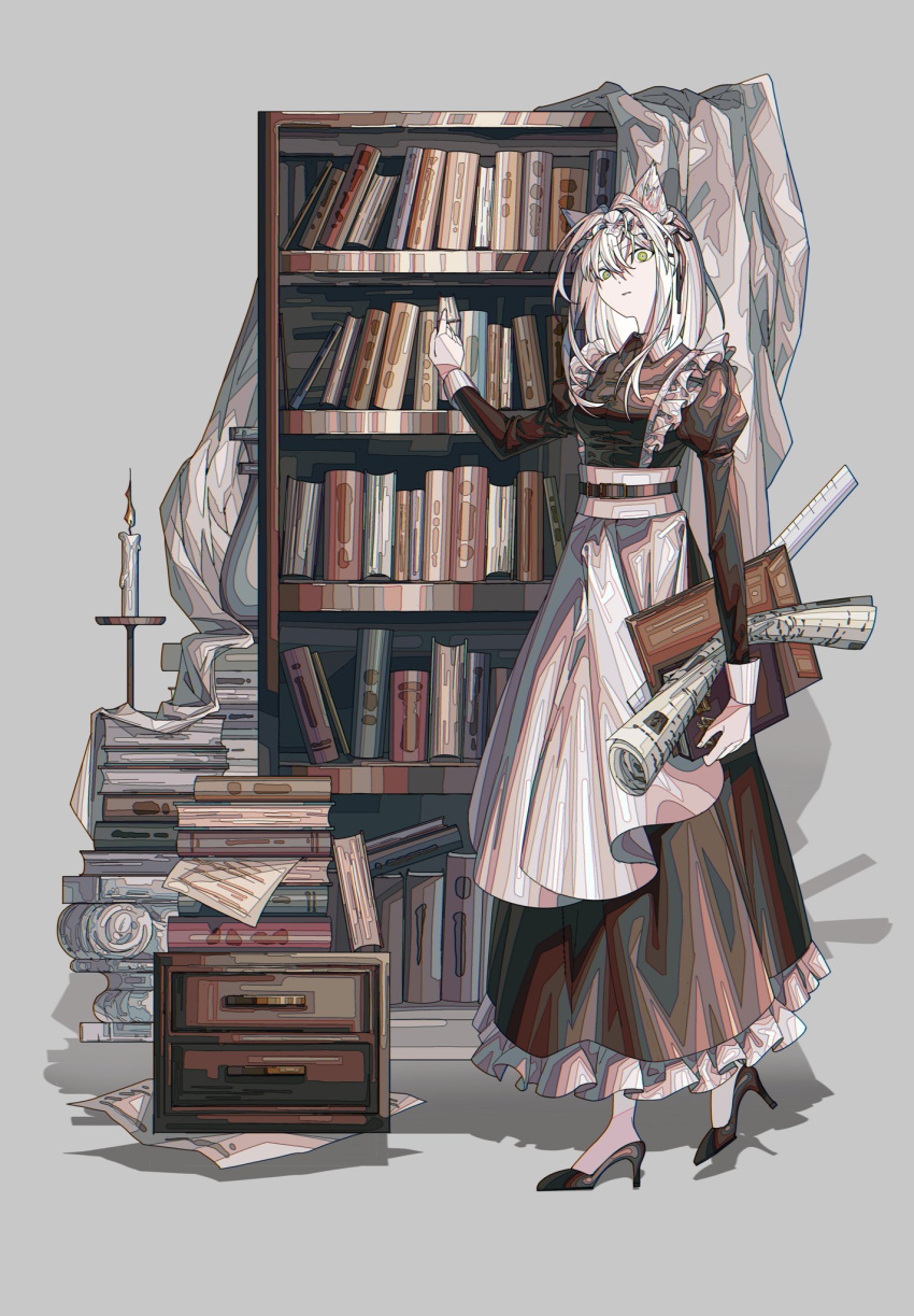 1girl animal_ear_fluff animal_ears apron arknights book book_stack bookshelf candle candlelight candlestand cat_ears drawer green_eyes high_heels highres holding holding_book kal'tsit_(arknights) looking_at_viewer maid maid_apron maid_headdress medium_hair official_alternate_costume solo zhizhizi0101