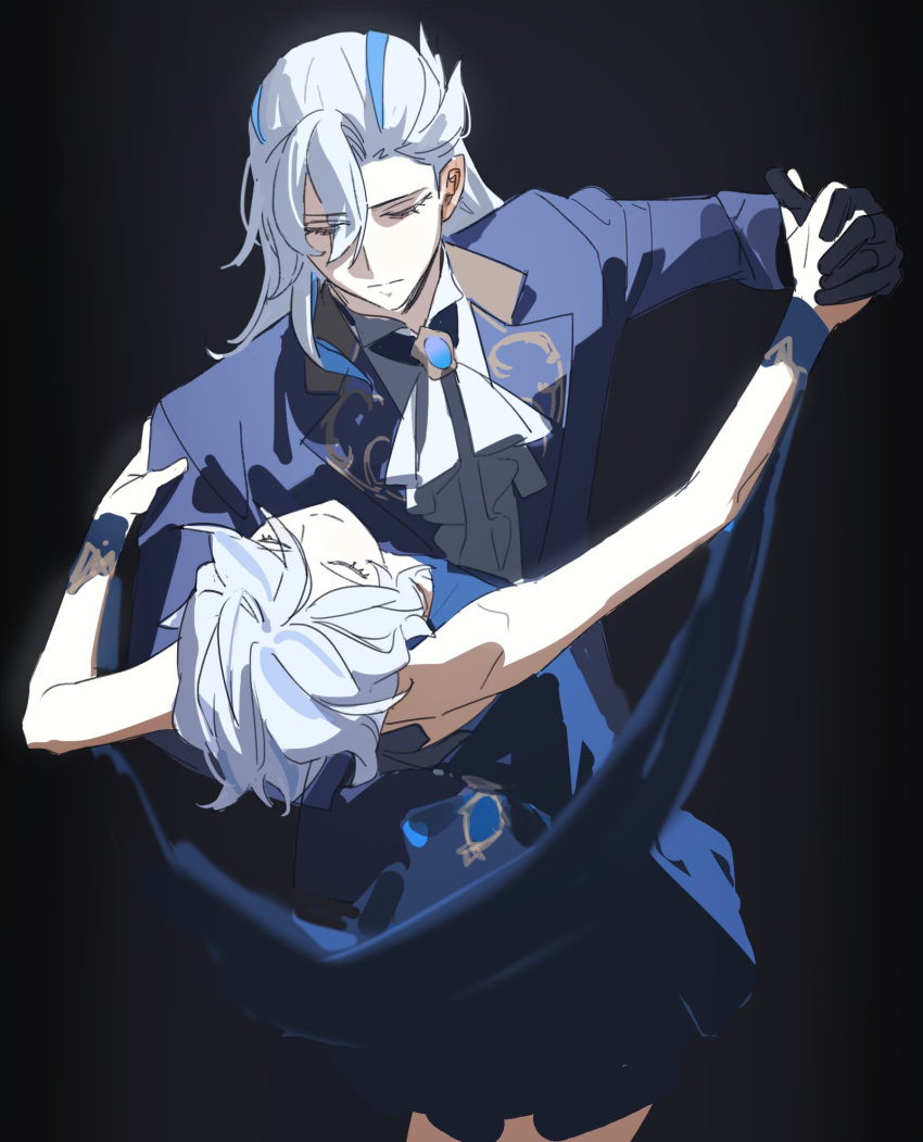 1boy 1girl al66594 alternate_costume ascot black_background black_gloves blue_dress blue_hair blue_jacket blue_suit closed_eyes closed_mouth dancing dress formal furina_(genshin_impact) genshin_impact gloves hand_on_another's_back hand_on_another's_shoulder highres holding_hands jacket korean_commentary light_blue_hair long_hair multicolored_hair neuvillette_(genshin_impact) simple_background sketch sleeveless sleeveless_dress smile streaked_hair suit two-tone_hair white_ascot white_hair