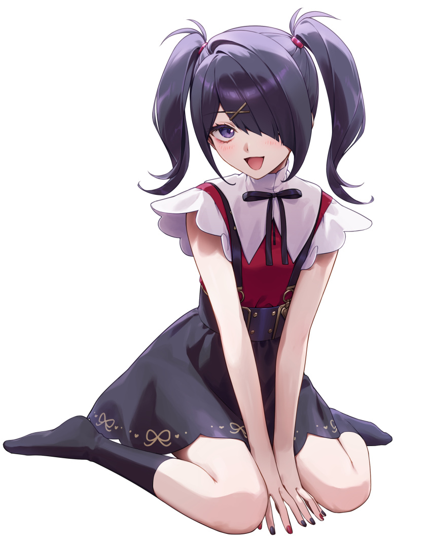 1girl :d absurdres akabino ame-chan_(needy_girl_overdose) between_legs black_hair black_nails black_ribbon black_skirt black_socks blush collar collared_shirt commentary_request full_body hair_ornament hair_over_one_eye hair_tie hairclip hand_between_legs heart highres looking_at_viewer multicolored_nails neck_ribbon needy_girl_overdose open_mouth purple_eyes red_nails red_shirt ribbon shirt shirt_tucked_in sitting skirt smile socks solo suspender_skirt suspenders twintails wariza white_collar x_hair_ornament