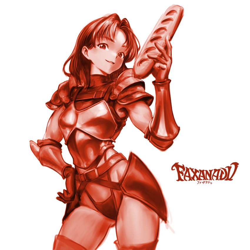 1girl arm_guards armor baguette belt bread breastplate copyright_name cowboy_shot dragon_slayer_(series) faxanadu food gloves highleg highleg_panties highres holding holding_food legs_apart minamoto80486 monochrome panties red_theme ringed_eyes short_hair shoulder_armor simple_background smile solo standing thighhighs underwear white_background