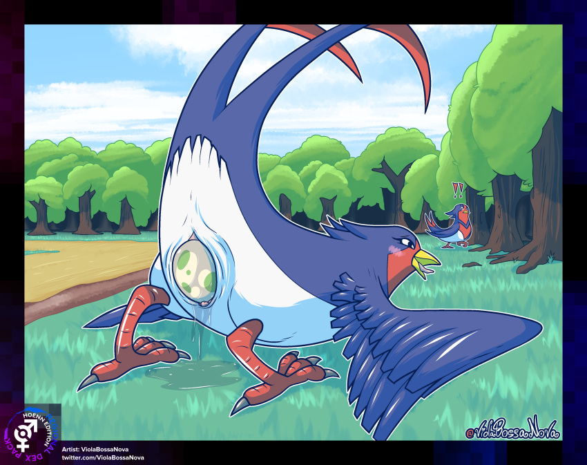 absurd_res ambiguous_gender animal_genitalia avian being_watched bird blue_body blush bodily_fluids cloaca detailed_background digital_media_(artwork) duo egg exclamation_point feathered_wings feathers female feral forest forest_background generation_3_pokemon genital_fluids genitals half-closed_eyes hi_res looking_at_another looking_away looking_pleasured lying narrowed_eyes nature nature_background nintendo nude on_front open_mouth outside oviposition plant pokemon pokemon_(species) sky solo_focus swellow tongue tree vertical_cloaca violabossanova white_body wings
