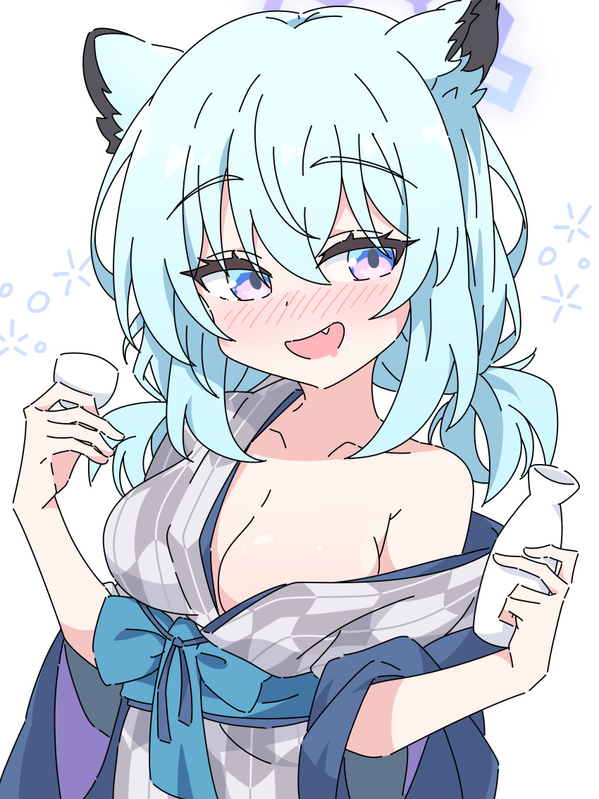 1girl absurdres animal_ears bath_yukata blue_archive blush drunk highres japanese_clothes kimono light_green_hair long_hair mangyu0111 official_alternate_costume open_mouth shigure_(blue_archive) shigure_(hot_spring)_(blue_archive) simple_background solo upper_body weasel_ears white_background yukata