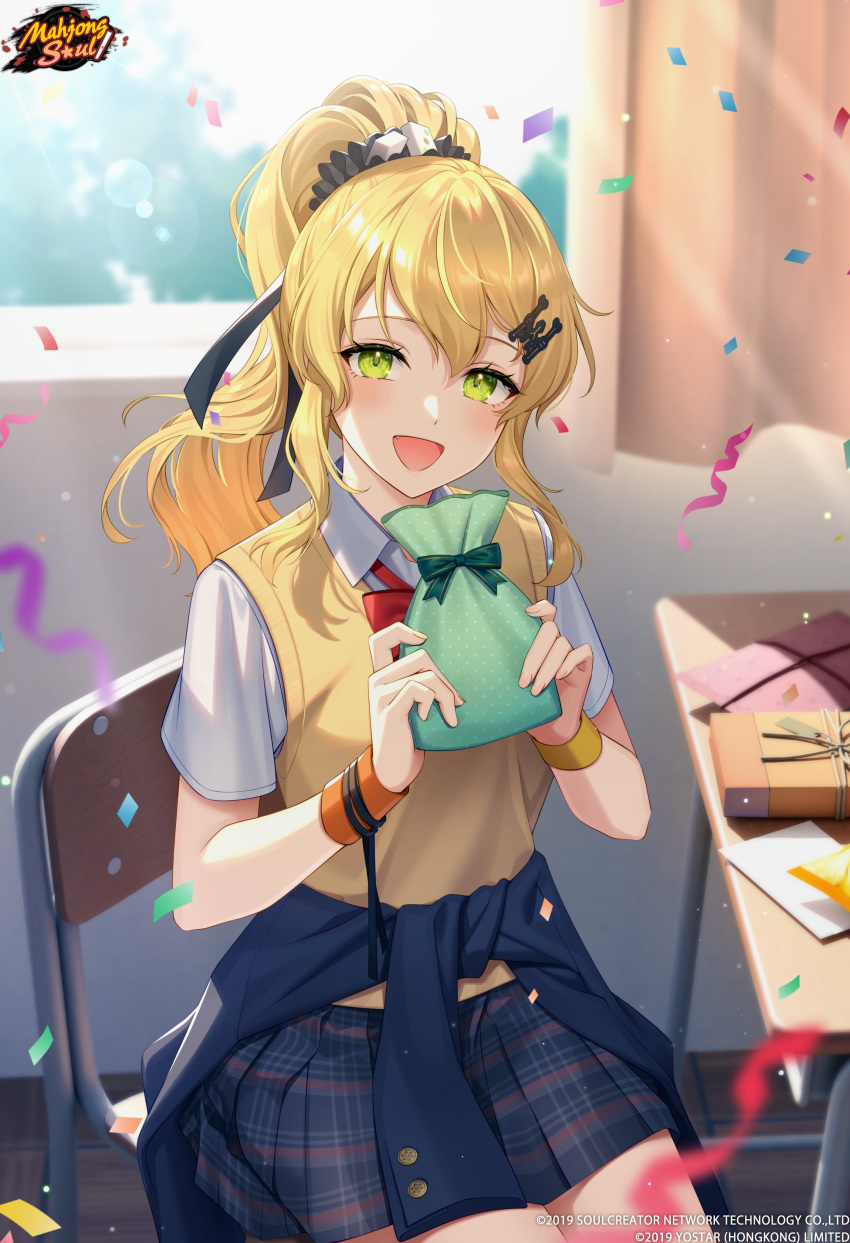 1girl :d absurdres blonde_hair bshi_edayo confetti curtains desk english_commentary gift green_eyes green_hair hair_ornament high_ponytail highres holding holding_gift logo looking_at_viewer mahjong mahjong_soul mahjong_tile official_art official_wallpaper on_chair open_mouth plaid plaid_skirt ponytail school_desk school_uniform shiraishi_nana sitting skirt smile solo wristband