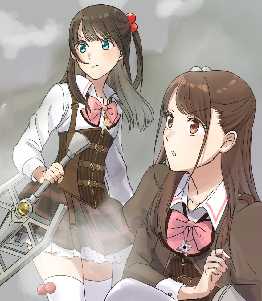 2girls :/ aqua_eyes arm_at_side assault_lily belt belt_buckle blush bow bowtie brown_belt brown_eyes brown_hair brown_jacket brown_skirt buckle closed_mouth collared_shirt commentary_request corset frilled_skirt frills gradient_background grey_background hair_bobbles hair_ornament hand_up haneda_catalina_mei highres holding holding_weapon jacket jewelry juliet_sleeves long_hair long_sleeves looking_ahead ludvico_private_girls'_academy_school_uniform miniskirt mole mole_under_eye multiple_belts multiple_girls necklace one_side_up parted_lips pendant pink_bow pink_bowtie puffy_sleeves sano_matilda_kokoro school_uniform shakeza shirt sidelocks skirt smoke standing thighhighs underbust v-shaped_eyebrows weapon white_shirt white_thighhighs zettai_ryouiki