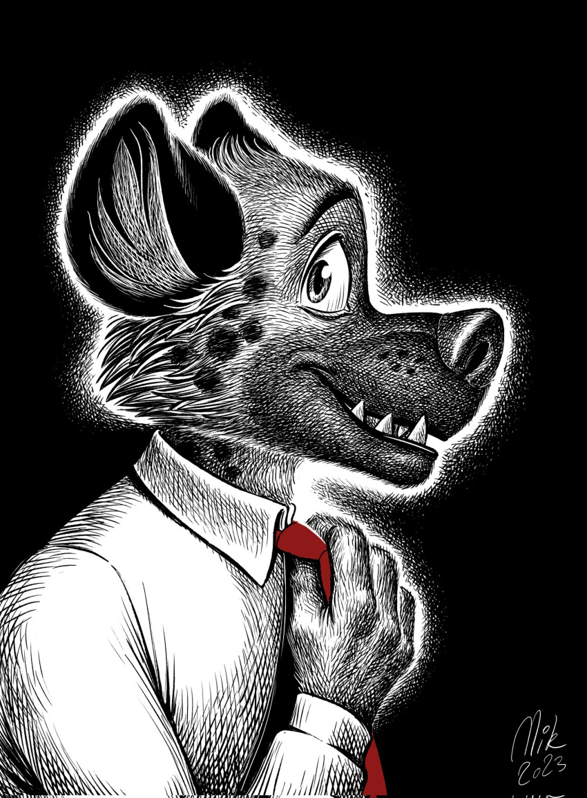 2023 aggretsuko anthro clothed clothing fangs fur haida_(aggretsuko) half-length_portrait hi_res hyena inner_ear_fluff looking_at_viewer male mammal necktie nikraccoom portrait red_necktie sanrio shirt side_view signature solo teeth topwear tuft underbite wide_eyed