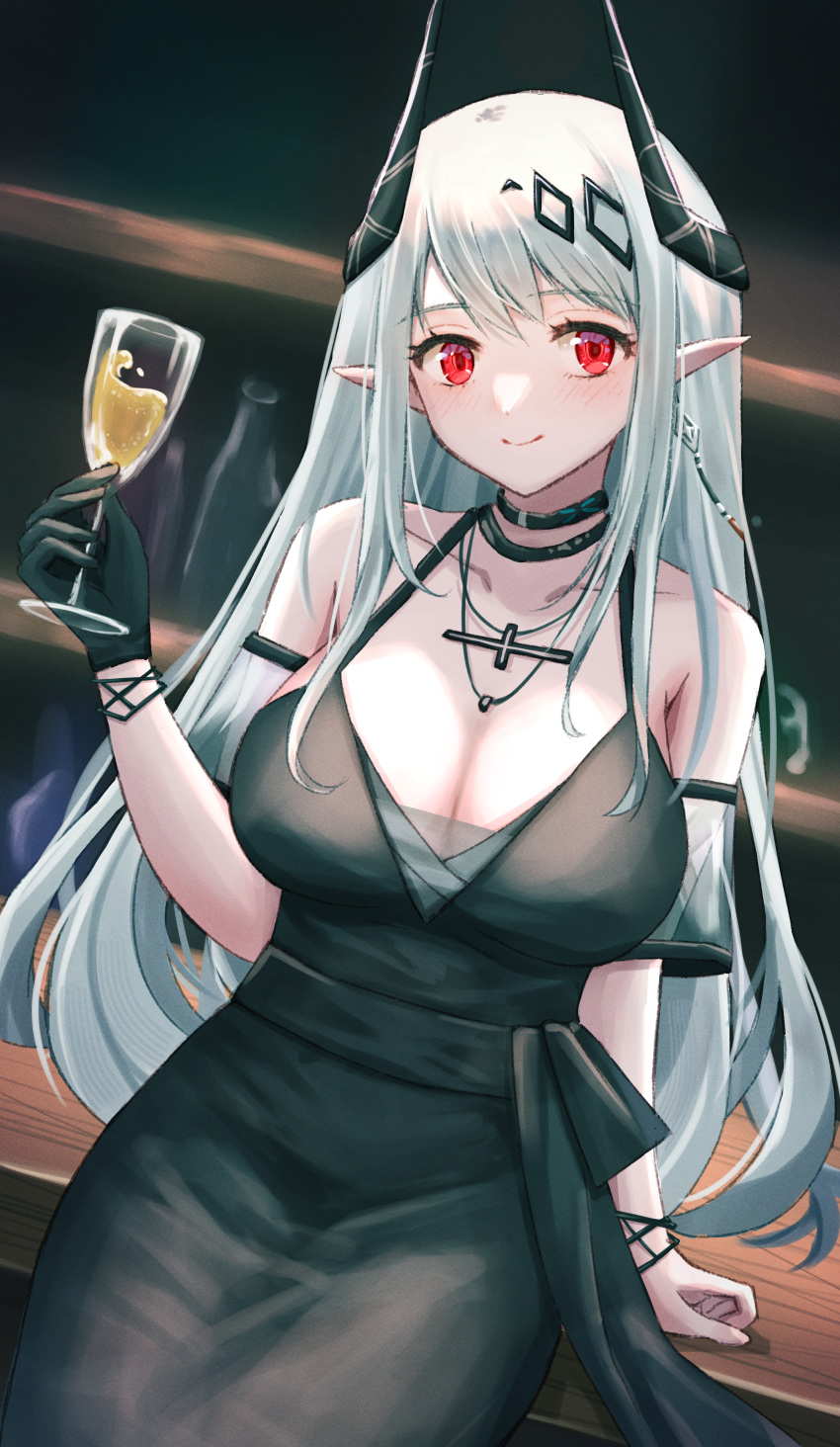 1girl absurdres arknights black_choker black_dress black_gloves breasts choker cleavage cocktail_glass cross cross_necklace cup demon_horns dress drinking_glass earrings gloves highres holding holding_cup horns jewelry large_breasts long_hair mudrock_(arknights) mudrock_(obsidian)_(arknights) necklace official_alternate_costume owanwan_1205 pointy_ears red_eyes single_glove smile white_hair