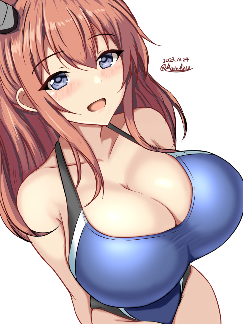 1girl black_one-piece_swimsuit blue_eyes blue_one-piece_swimsuit breasts brown_hair competition_swimsuit covered_navel dated highleg highleg_swimsuit highres kantai_collection large_breasts long_hair looking_at_viewer montemasa multicolored_clothes multicolored_swimsuit one-hour_drawing_challenge one-piece_swimsuit saratoga_(kancolle) smile solo swimsuit twitter_username two-tone_swimsuit