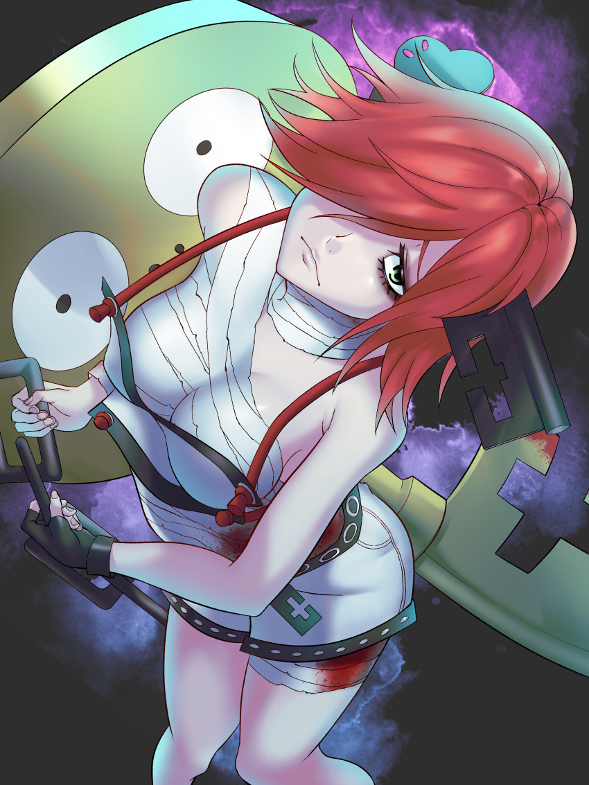 1girl a.b.a absurdres bandages black_gloves breasts chain fingerless_gloves gloves green_eyes guilty_gear guilty_gear_xx hair_over_one_eye highres homunculus key_in_head large_breasts looking_at_viewer medium_hair object_through_head red_hair sato_one1