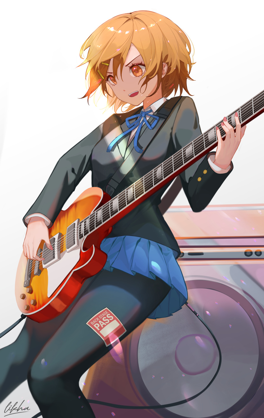 1girl :d absurdres black_jacket black_pantyhose blue_ribbon blue_skirt brown_hair collared_shirt electric_guitar guitar hair_between_eyes hair_ornament hairclip highres hirasawa_yui holding holding_instrument instrument jacket k-on! leaning_back li_kha long_sleeves miniskirt music neck_ribbon open_mouth orange_eyes pantyhose playing_instrument pleated_skirt ribbon sakuragaoka_high_school_uniform school_uniform shirt short_hair simple_background skirt smile solo white_background white_shirt wing_collar