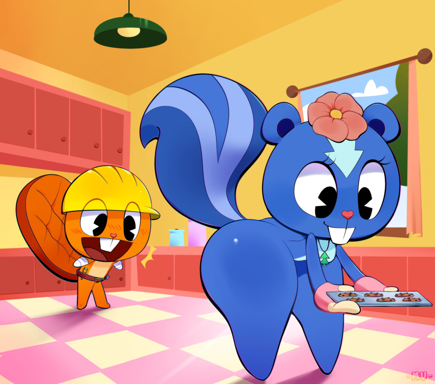 anthro beaver bent_over big_butt blue_body butt cookie duo female food handy_(htf) happy happy_tree_friends hi_res looking_at_another male mammal mephitid mu_(artist) orange_body petunia_(htf) rodent skunk