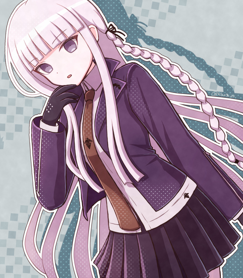 1girl :o black_gloves black_skirt blunt_bangs brown_necktie collared_shirt danganronpa:_trigger_happy_havoc danganronpa_(series) dutch_angle gloves grey_background grey_hair hair_ribbon highres jacket kirigiri_kyoko long_hair long_sleeves miniskirt necktie necktie_print open_clothes open_jacket pleated_skirt purple_jacket ribbon shirt skirt solo toyatopa white_shirt