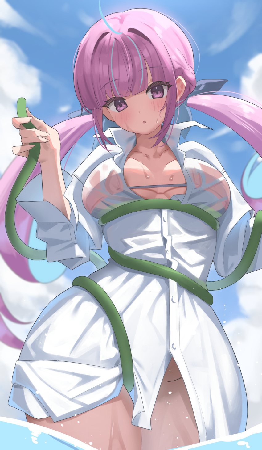 1girl absurdres ahoge blue_hair blue_sky blunt_bangs blush breasts cloud highres holding holding_hose hololive hose large_breasts long_hair looking_at_viewer madai_(mappy) minato_aqua multicolored_hair pink_eyes pink_hair shirt sky solo twintails two-tone_hair virtual_youtuber water wet white_shirt