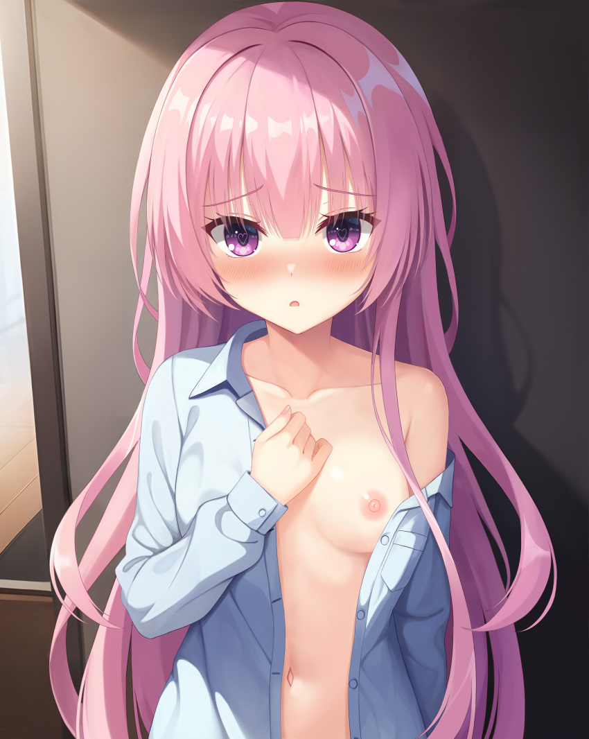 1girl absurdres aroused blue_shirt blush breasts cc_lin collarbone commentary_request embarrassed eyelashes eyes_visible_through_hair furrowed_brow hair_between_eyes hair_down hand_up heart heart-shaped_pupils highres indoors long_hair long_sleeves looking_at_viewer medium_breasts mitsukasa_ayase navel nipples no_bra off_shoulder one_breast_out open_clothes open_mouth open_shirt pink_eyes pink_hair purple_eyes riddle_joker shirt sidelocks single_bare_shoulder small_breasts solo straight_hair symbol-shaped_pupils upturned_eyes very_long_hair