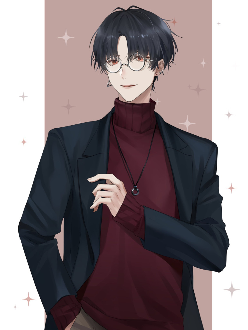 1boy bespectacled black_hair black_jacket border brown_background earrings glasses hand_in_pocket highres jacket jewelry lapels long_sleeves looking_at_viewer male_focus mismatched_earrings natsuki_(naki_zemisei) nijisanji notched_lapels open_clothes open_jacket outside_border parted_bangs parted_lips pendant pillarboxed red_eyes red_sweater round_eyewear short_hair smile solo stud_earrings sweater triangle_earrings turtleneck turtleneck_sweater upper_body virtual_youtuber white_border yumeoi_kakeru