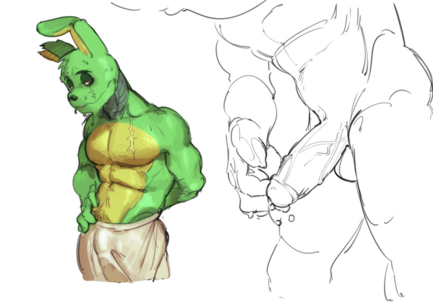 2023 abs absurd_res anthro balls biceps bodily_fluids bulge clothed clothing detailed_bulge digital_media_(artwork) erection eyebrows five_nights_at_freddy's five_nights_at_freddy's_3 foreskin fur genital_fluids genital_outline genitals green_body green_fur guide_lines hi_res humanoid_genitalia humanoid_penis kogito lagomorph leporid male mammal muscular muscular_anthro muscular_male navel nude pecs penis penis_outline pinup pose precum pubes rabbit retracted_foreskin scar scottgames simple_background sketch solo springtrap_(fnaf) sweat sweatpants topless vein veiny_penis white_background yellow_body yellow_fur