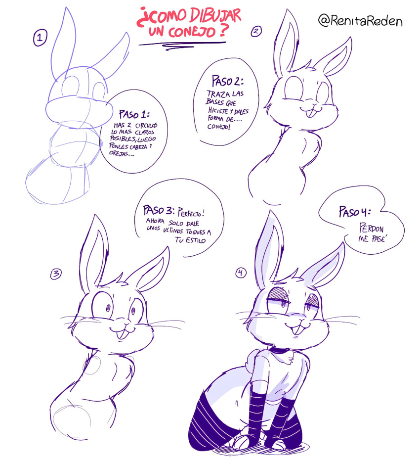 2023 all_fours anthro armwear bedroom_eyes black_armwear black_clothing black_collar black_legwear black_stockings bugs_bunny clothed clothing collar crossdressing dialogue fur girly grey_body grey_fur half-closed_eyes hi_res how-to lagomorph legwear leporid long_ears looking_away looney_tunes male mammal multiple_images narrowed_eyes pose rabbit renita_reed seductive shirt simple_background sketch smile solo spanish_text speech_bubble stockings t-shirt teeth text thick_thighs topwear translation_request warner_brothers watermark white_background white_clothing white_shirt white_t-shirt white_topwear