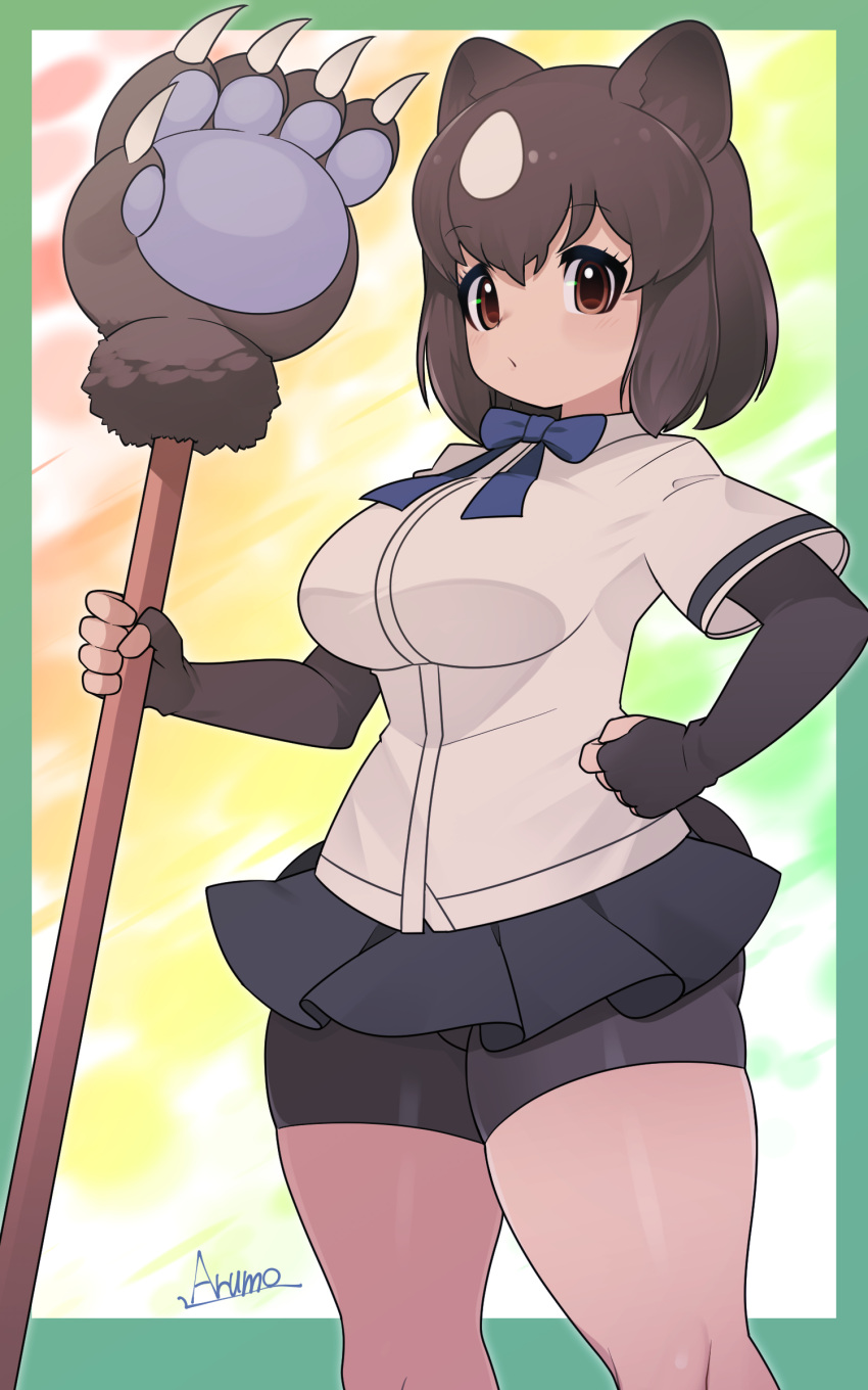 1girl absurdres animal_ears bear_ears bear_girl bear_paw_hammer bear_tail bike_shorts_under_skirt black_shorts blue_bow blue_bowtie blue_skirt blush bow bowtie brown_bear_(kemono_friends) brown_eyes brown_gloves brown_hair collared_shirt elbow_gloves fingerless_gloves gloves highres holding holding_weapon kemono_friends multicolored_hair pleated_skirt ryuusui_arumo shirt short_hair short_sleeves shorts skirt solo standing tail two-tone_hair weapon white_hair white_shirt