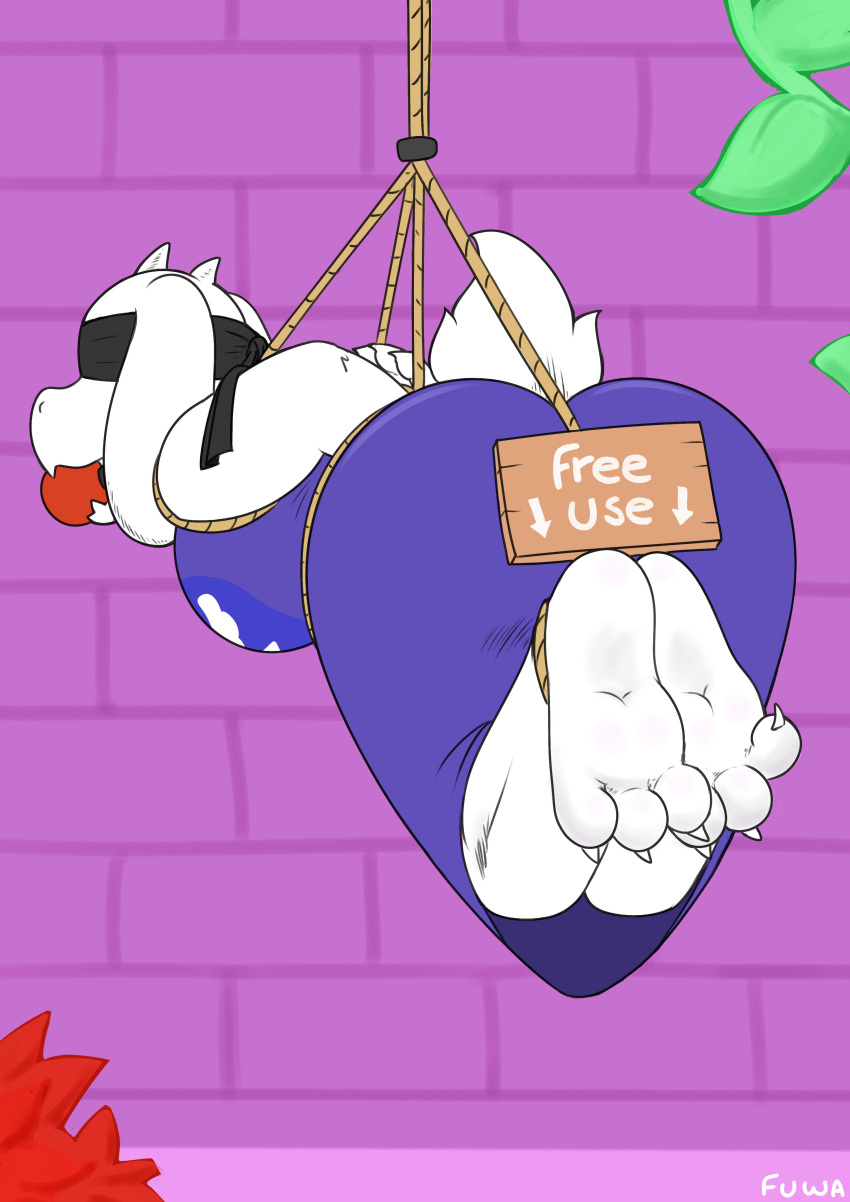 3_toes absurd_res anthro ball_gag bdsm bondage bound brick_wall claws digital_media_(artwork) feet female flower foot_focus fur gag hi_res mr_fuwa paws plant raised_tail restraints rope rope_bondage simple_background solo tail toes toriel undertale_(series) wall_(structure) white_body white_fur