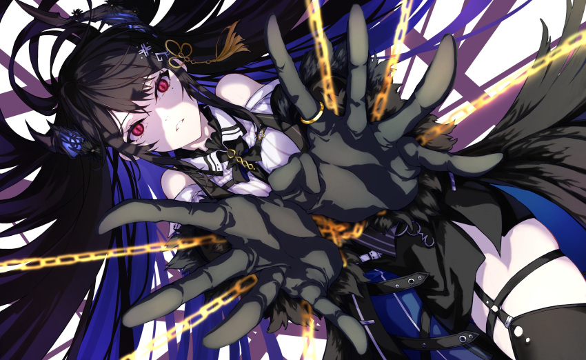 1girl absurdres asahi_tsujino asymmetrical_horns bare_shoulders black_gloves black_hair black_wings blue_hair breasts colored_inner_hair commentary demon_horns dress_shirt feathered_wings fur-trimmed_sleeves fur_trim gloves hair_ornament highres hololive hololive_english horn_flower horns large_breasts long_hair long_sleeves looking_at_viewer low_wings mole mole_under_eye multicolored_hair nerissa_ravencroft outstretched_arms red_eyes shirt slit_pupils solo tassel tassel_hair_ornament thigh_strap uneven_horns very_long_hair virtual_youtuber white_background white_shirt wings
