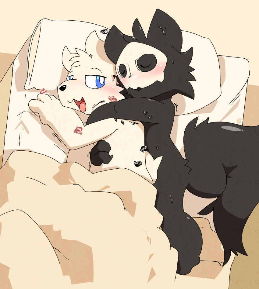 argon_vile bed bedroom_eyes blush canid canine canis changed_(video_game) cuddling duo furniture goo_creature hi_res lin_(changed) looking_at_another looking_back looking_back_at_another looking_back_at_partner male male/male mammal mask narrowed_eyes puro_(changed) seductive spooning tongue tongue_out under_covers wolf