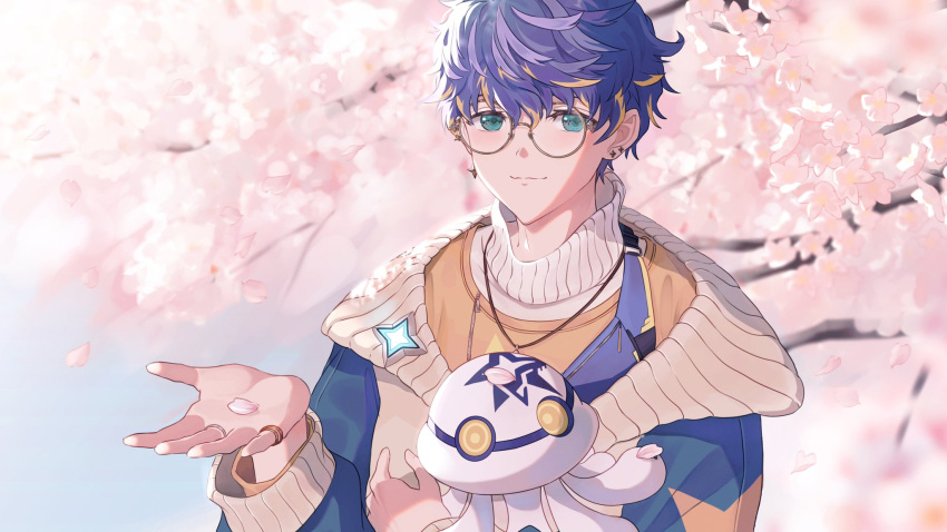 1boy :3 aqua_eyes astel_leda badge bespectacled blonde_hair blue_hair blue_jacket blurry blurry_background brown_jacket button_badge cherry_blossoms creature earrings falling_petals fanny_pack flower glasses hair_between_eyes highres holding holding_petal holostars jacket jellyfish jewelry kakaki_28 looking_at_viewer male_focus multicolored_clothes multicolored_hair multicolored_jacket multiple_rings official_alternate_costume open_hand orange_shirt pendant petals pink_flower poruneu ring round_eyewear shirt short_hair solo star_(symbol) star_earrings streaked_hair stud_earrings sweater tree turtleneck turtleneck_sweater upper_body virtual_youtuber white_sweater