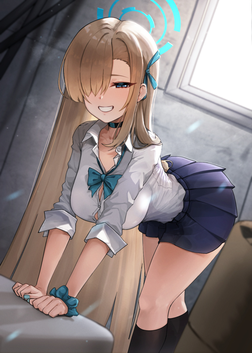 1girl asuna_(blue_archive) asymmetrical_bangs bent_over black_footwear blue_archive blue_eyes blue_nails bow bowtie breasts button_gap choker cleavage grin gym_storeroom hair_over_one_eye halo hanging_breasts highres indoors kneehighs large_breasts light_brown_hair long_hair looking_at_viewer loose_bowtie miniskirt p03145 pleated_skirt school_uniform scrunchie shirt skirt sleeves_rolled_up smile socks solo tsurime uniform very_long_hair white_shirt wrist_scrunchie