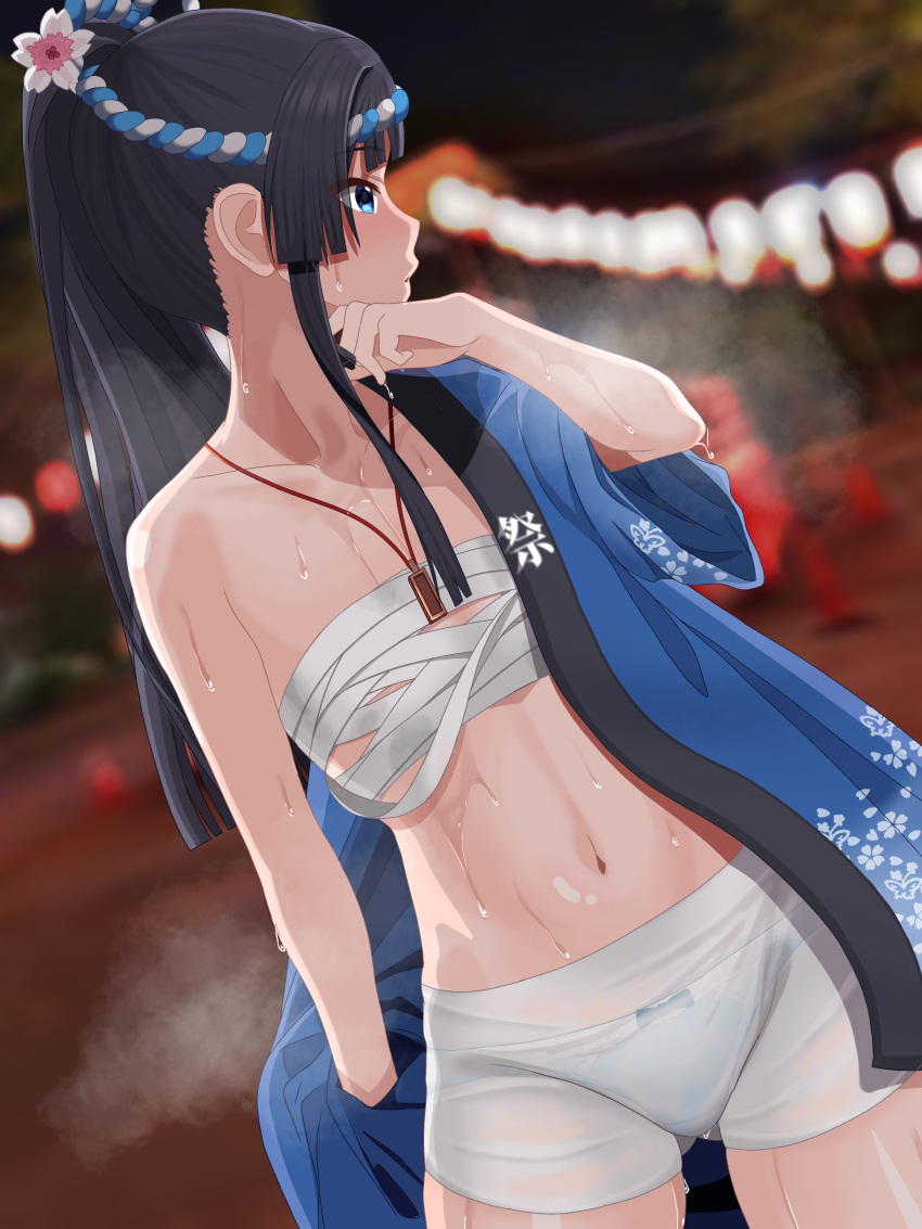 1girl absurdres bandaged_chest blue_eyes blurry blurry_background breasts check_commentary commentary commentary_request dutch_angle festival hair_ornament highres hot idolmaster idolmaster_million_live! japanese_clothes long_hair looking_to_the_side mogami_shizuka navel night off_shoulder panties partially_undressed ponytail robe see-through short_shorts shorts sidelocks small_breasts steam steaming_body stomach summer_festival sweat toritori_miri turning_head underwear very_sweaty wet wet_clothes wiping_face wiping_sweat