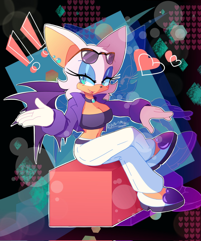 &lt;3 2023 5_fingers anthro bat box breasts cleavage clothed clothing container eyeshadow female fingers footwear fur gloves handwear hi_res lipstick makeup mammal narrowed_eyes rouge_the_bat sega signature sitting solo sonic_the_hedgehog_(series) stella_smega3 tan_body tan_skin white_body white_fur wings