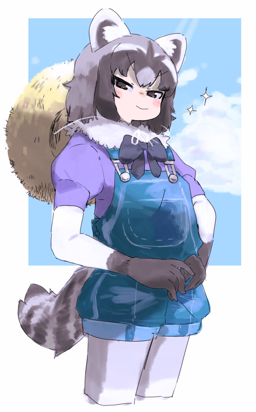 1girl :&gt; alternate_costume animal_ears black_bow black_bowtie black_gloves black_hair blue_background blue_overalls blush_stickers border bow bowtie brown_eyes buttergirl_02 chin_strap cloud commentary_request common_raccoon_(kemono_friends) cropped_legs elbow_gloves fur_collar gloves grey_hair half-closed_eyes hat hat_around_neck highres kemono_friends looking_at_viewer multicolored_hair outside_border overall_shorts overalls own_hands_together pantyhose puffy_short_sleeves puffy_sleeves purple_pantyhose purple_shirt raccoon_ears raccoon_girl raccoon_tail shirt short_sleeves smile solo sparkle straw_hat tail two-tone_gloves v-shaped_eyebrows white_border white_gloves