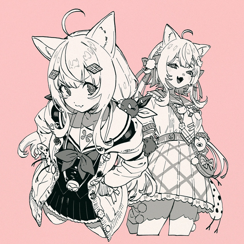 1girl ahoge animal_ears animal_hair_ornament bow bow_print buttons cardigan cat_ears cat_girl commentary cowboy_shot cropped_legs fang frilled_sailor_collar frills from_above greyscale_with_colored_background hair_ornament hairclip highres long_hair looking_at_viewer low_twintails multiple_views nijisanji nijisanji_kr open_cardigan open_clothes pink_background rabbit_hair_ornament sailor_collar school_uniform serafuku simple_background skin_fang skirt symbol-only_commentary ta0oxo0ma twintails unbuttoned x_hair_ornament yang_nari yang_nari_(1st_costume) yang_nari_(3rd_costume)