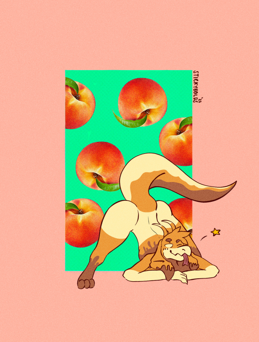 anthro food fruit hi_res jack-o'_pose kobold male peach_(fruit) plant pose raised_tail snickbolds snickers_(snickbolds) solo star tail
