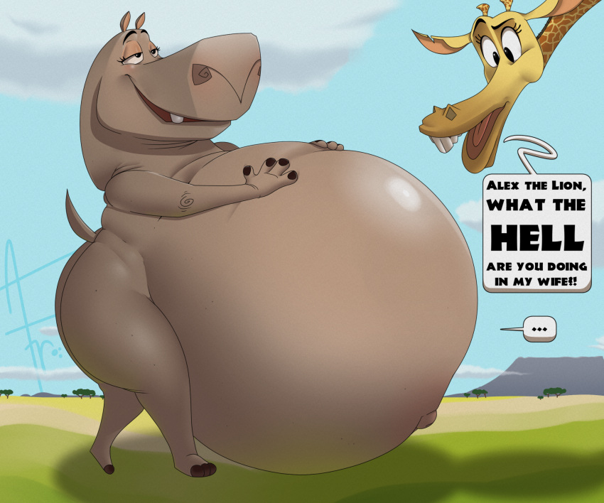 2023 afraart anthro belly big_belly butt common_hippopotamus dialogue dreamworks duo ellipsis female feral giraffe giraffid gloria_the_hippopotamus half-closed_eyes hands_on_belly hands_on_stomach hi_res hippopotamid horn hyper hyper_belly madagascar_(series) male mammal melman_mankiewicz_iii narrowed_eyes navel nude open_mouth outie_navel outside raised_tail signature smile soft_vore speech_bubble standing tail teeth text vore walking wide_eyed