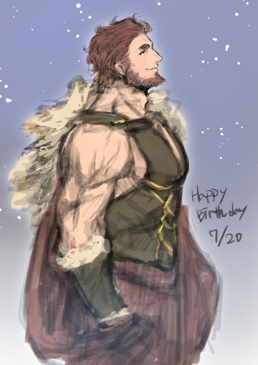 absurdres bara beard cape facial_hair fate/grand_order fate_(series) feet_out_of_frame from_side happy_birthday highres iskandar_(fate) large_pectorals looking_up male_focus muscular muscular_male pectorals profile red_eyes red_hair shababuru short_hair sidepec single_bare_shoulder sketch wrinkled_skin