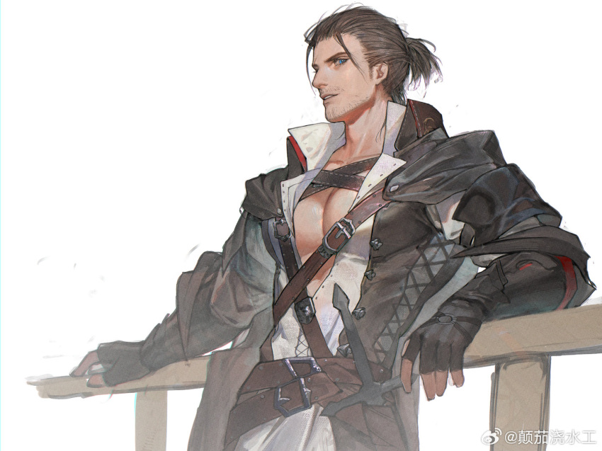 1boy adventurer_(ff14) against_fence bara beard_stubble chest_harness eboda-x feet_out_of_frame fence final_fantasy_xiv_dawntrail hair_slicked_back harness hyur large_pectorals looking_at_viewer male_focus mature_male medium_hair mustache_stubble pectoral_cleavage pectorals scar scar_across_eye sheath sheathed sideways_glance solo standing thick_eyebrows warrior_of_light_(ff14)