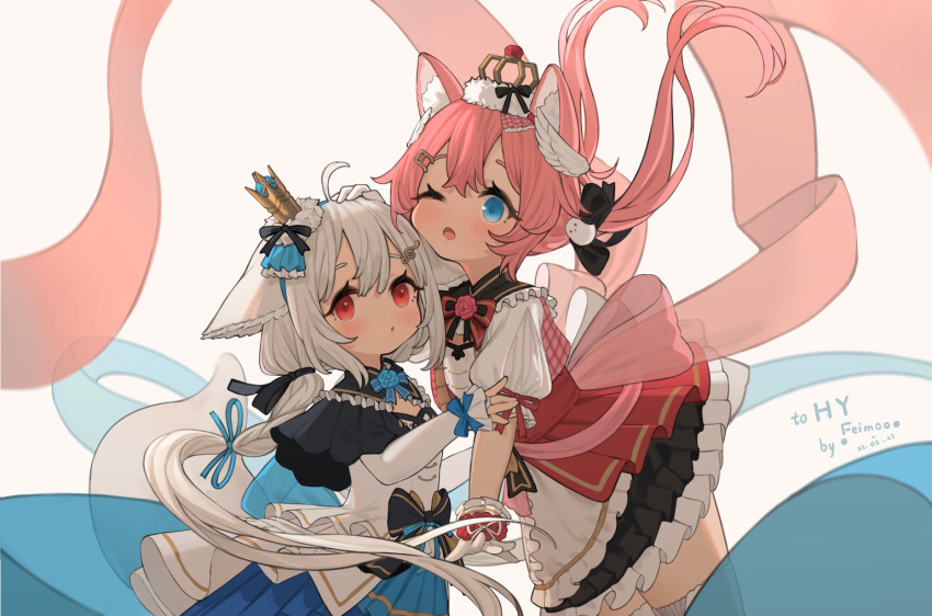 2girls :o ;o ahoge animal_ears artist_name black_dress blue_dress blue_eyes blue_ribbon blush commission cowboy_shot crown dated dress ears_down floating_hair fox_ears fox_girl fox_tail frilled_dress frills hand_on_another's_head headpat koebushi_(mat) low_ponytail low_twintails mini_crown multicolored_clothes multicolored_dress multiple_girls one_eye_closed original pink_hair pink_ribbon red_dress red_eyes ribbon sakurada_hane sakurada_shiro simple_background tail thighhighs twintails white_background white_dress white_thighhighs