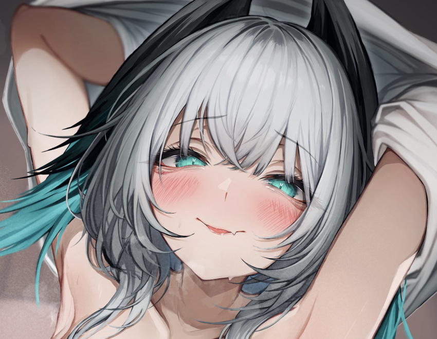 1girl absurdres arknights close-up collarbone commentary_request green_eyes grey_hair head_wings highres ho'olheyak_(arknights) long_hair looking_at_viewer paid_reward_available smile solo tab_head undressing wings