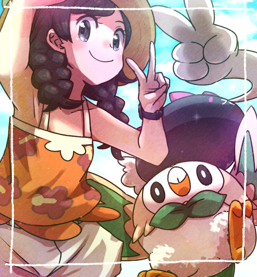 1girl armpits bare_shoulders black_eyes black_hair braid eyelashes floral_print highres kotobukkii_(yt_lvlv) looking_at_viewer orange_tank_top pokemon pokemon_(creature) pokemon_(game) pokemon_usum pyukumuku rowlet selene_(pokemon) shorts smile tank_top twin_braids v white_shorts