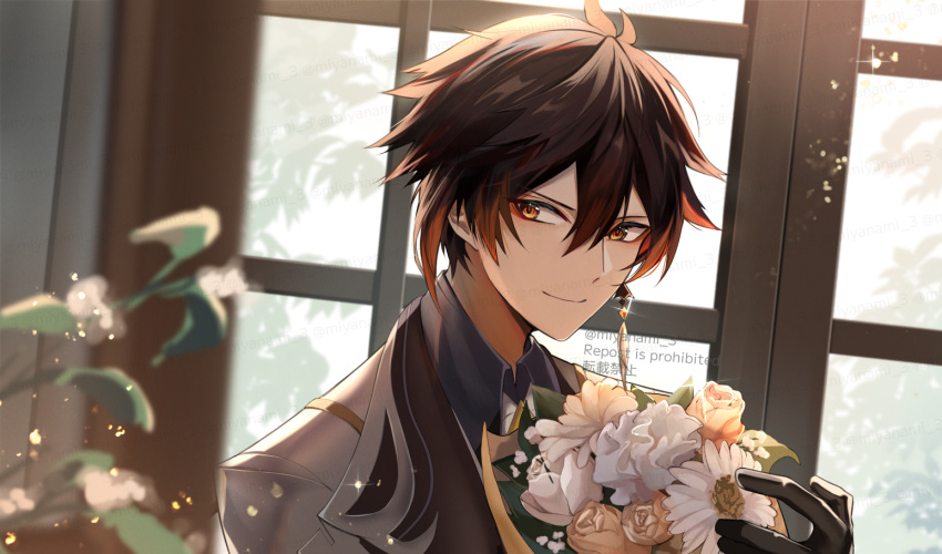 1boy brown_eyes brown_hair closed_mouth earrings flower genshin_impact hair_between_eyes jacket jewelry long_hair male_focus miyanami_3 multicolored_hair short_hair smile tassel tassel_earrings window zhongli_(genshin_impact)