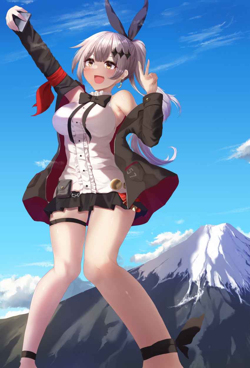 1girl absurdres akagane_mic black_jacket black_skirt brown_eyes cellphone commentary_request commission crescent crescent_earrings earrings five-seven_(girls'_frontline) giant giantess girls'_frontline highres holding holding_phone jacket jewelry long_hair miniskirt mount_fuji off_shoulder open_clothes open_jacket open_mouth phone pleated_skirt ponytail second-party_source selfie shirt skirt sleeveless sleeveless_shirt smile solo thigh_strap v very_long_hair white_shirt